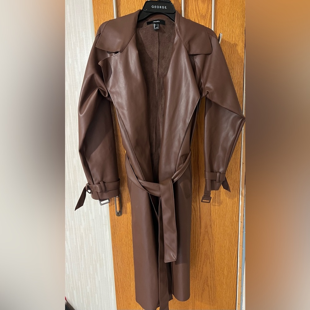 Long Brown leather coat with belt. Size large